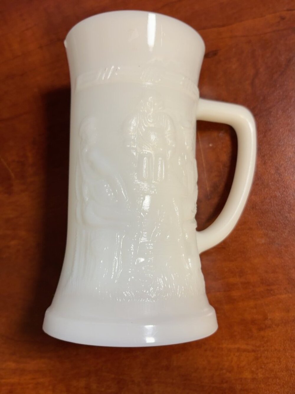 Vintage White Milk Glass Beer Stein Mug Embossed Tavern Pub Scene